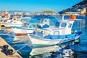 Blue-white boats in Greek port, Greece