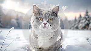 Blue and white British shorthair cat in the middle of a snowy desert with a floating heart shape