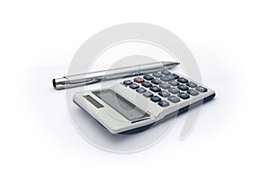 blue and white calculator with with solar power and silver pen for accounts, business, education etc on white background