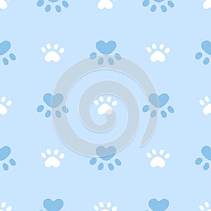 Blue and white cat or dog seamless pattern. Meow and cat paws background vector illustration. Cute cartoon pastel