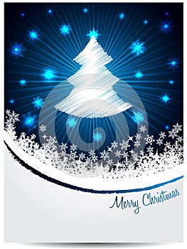 Blue white christmas greeting with bursting scribbled christmastree photo