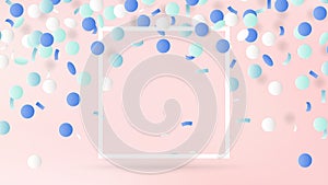 Blue and white circle and ribbon confetti falling on white rectangle frame on pink background, paper art/paper cutting style