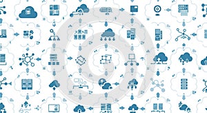 Blue and white cloud computing pattern with digital network icons. Repeating design
