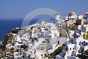 Blue and white colours of Oia City. Magnificent panorama of the island of Santorini Greece