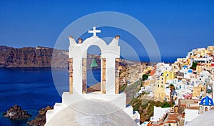 Blue and white colours of Oia City. Magnificent panorama of the island of Santorini Greece during a beautiful sunset in the Medite