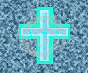 Blue and white cross above the clouds