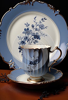 A blue and white cup and saucer on a table. Generative AI image.