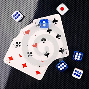 Blue and white dices and cards on black glossy background. flat lay