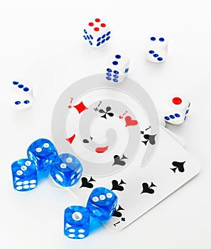 Blue and white dices and cards on white background