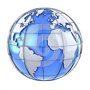 Blue and White Digital Globe with Grid Pattern on White Background
