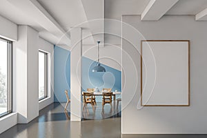 Blue and white dining room with poster