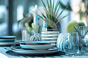 blue and white dinner table setting with plate and plants