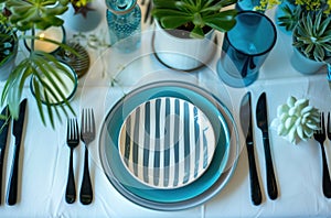 blue and white dinner table setting with plate and plants