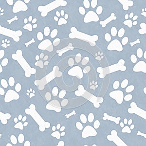 Blue and White Dog Paw Prints and Bones Tile Pattern Repeat Back