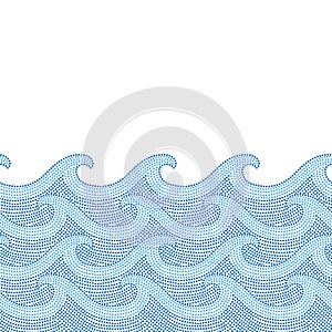 Blue and white doted ocean waves seamless border, vector