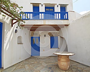 Blue white facade house in a Greek island