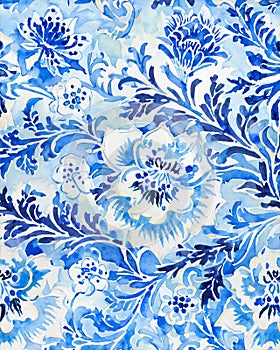 Blue and White Floral Background. Chinoserie Style