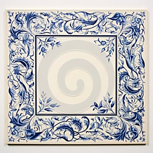 Blue And White Floral Ceramic Panel With Elaborate Borders