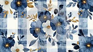 Blue and White Floral Gingham Pattern