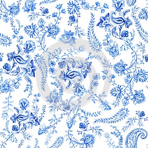 Blue and white floral wallpaper. Floral seamless pattern in paisley style. Decorative botanical backdrop. Light blue