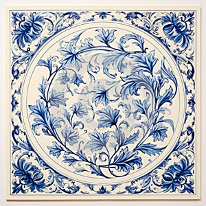 Blue And White Foliage Ceramic Tile With Rococo-inspired Art