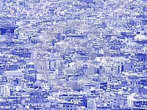 blue and white futuristic duotone crowded urban cityscape background with hundreds of densely packed buildings