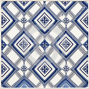 Blue And White Geometric Wall Tile With Baroque Brushwork Style