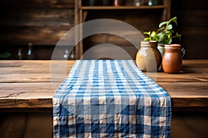 Blue and White Gingham Tablecloth Spread on Table AI Generated