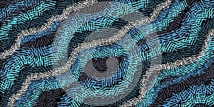 Blue, white, gray small lattices create wavy lines on a black background. The waves are at the same angle.