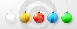 Blue, white, green, yellow and red Christmas ball. Xmas glass ball on white background. Holiday decoration template. Vector