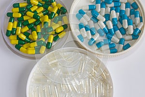 Blue white green yellow and transparant capsule drug