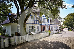 Blue and white half-timbered house on the island Hiddensee