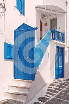 Blue white house entrance, Mykonos island, Greece