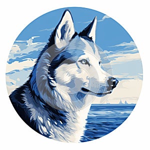 Blue And White Husky Art Print: Simplistic Vector Art Of A Young Husky Dog By The Ocean