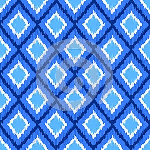 Blue and white ikat ornament geometric abstract fabric seamless pattern, vector