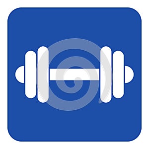 Blue, white information sign - dumbbell icon