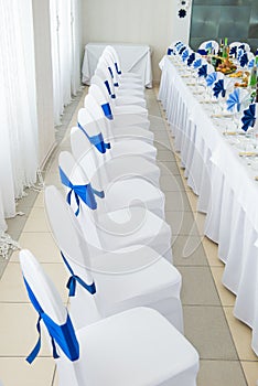 Blue and white interior of the restaurant