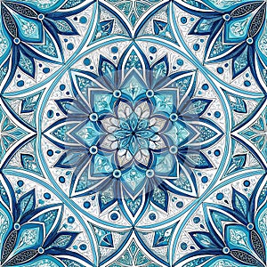 Blue and white intricate floral mandala pattern design background