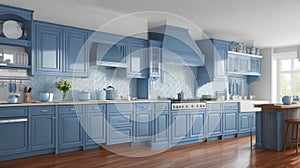 Blue and white kitchen interior with cooking area with kitchenware, hardwood floor