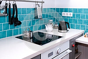 Blue and white kitchen in a modern Scandinavian-style kitchen