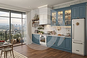 Blue and white kitchen with panoramic window