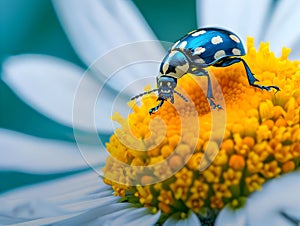 Blue and White Ladybug on Yellow Daisy Flower - Macro Photo