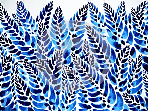 Blue white leaves pattern art abstract watercolor painting illustration design hand drawn
