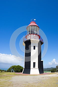 Blue and White Lighthouse with Red Light