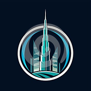 Blue and White Logo Featuring Burj Khalifa Skyscraper, A sleek representation of the Burj Khalifa in Dubai, minimalist simple