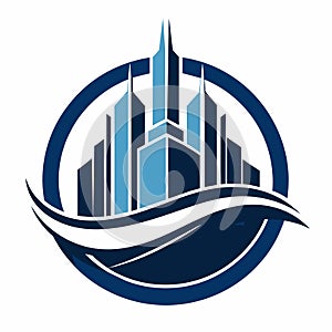 A blue and white logo featuring a city skyline in the middle, Abstract representation of growth and renewal in a sleek, modern