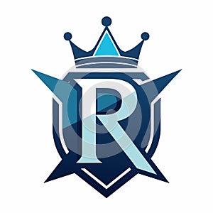 Blue and white logo featuring a crown on top, symbolizing royalty and elegance, crown letter R logo