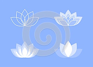 Blue and white lotus flower icons on a blue background