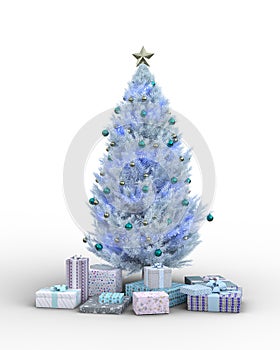 Blue and white man made Christmas tree surrounded by wrapped presents. Isolated 3D rendering