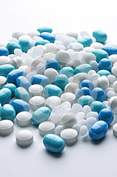 Blue and white medicine capsules on a white